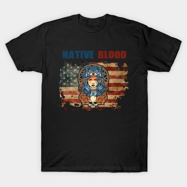 Native Blood Tattooed Skull American Flag T-Shirt by vip.pro123